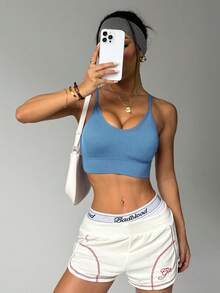 PinkTip Cross-Back Shaping Sports Bra, Built-In Bra Cup, Supportive, Seamless Fit, Suitable For Yoga And Casual Sports - Dusty Blue - View 2