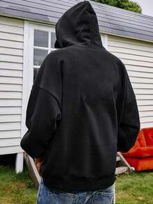 男士休闲日常通勤多功能字母和美国国旗印花袋鼠口袋抽绳连帽衫，秋冬款 - 黑色 - 查看 2