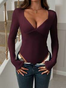 Vaiaye Women's Sexy Y2K Fitted Black Bodysuit, V-Neck Long Sleeve Spring/Summer Romper, Suitable For Valentine's Day - Purple - View 8