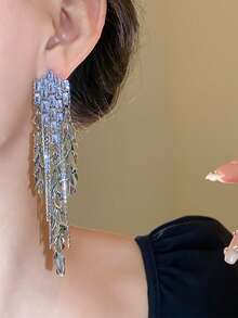 1对时尚立方氧化锆小麦耳夹及叶子流苏耳环，几何夹式耳环，女士派对首饰礼品 - clip - 查看 3