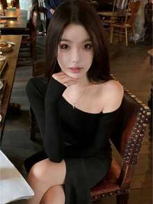 性感露肩修身长袖露脐上衣 - 黑色 - 查看 6