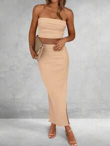 Bộ 2 món gồm áo quây và chân váy dài dành cho nữ, thích hợp cho đám cưới và các dịp trang trọng. - Màu Khaki - Xem 3