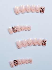 24PCS Short Square False Nails Leopard Print Golden Line Nail Art Cute Chrome Alloy Acrylic Press On Nails Gel Nail Art Nail Supplies Nail Art Nail Set (Attached: A Piece Of Jelly Gel And File) Suitable For Women's Daily Dating Party - Multicolor - View 2