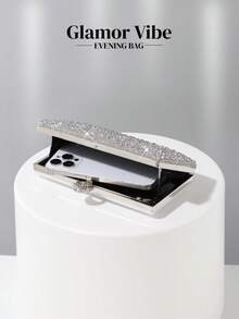 Women's Rhinestone Decorated Clutch Bag, Shiny Box-Shaped Handbag With Gemstone Metal Chain, Perfect For Weddings, Parties, Galas, Dinners, Birthday Gifts, Valentine's Day Gifts, Gatherings, Can Be Used As A Shoulder Bag, Handbag, Clutch, Or Cosmetic Bag - Silver - View 9