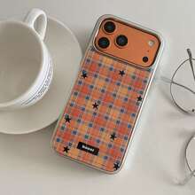 Retro Silver Edged Resin Orange Plaid Star Phone Case Compatible With IPhone 17 Pro Max, 16 Pro Max, 15 Pro, 14, 13, Cute & Fashionable Phone Protective Cover - Orange - View 3