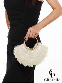 Bolsa de Embreagem de Luxo Jacquard com Babado 3D em Renda para Mulheres Glintelle, Bolsa Formal com Ferragens Metálicas, Bolsa de Noiva para Casamento, Presente do Dia dos Namorados, Bolsa de Embreagem Formal Elegante e Cintilante, Adequada para Combinar, Baile, Festa, Casamento, Noiva, Dama de Honra, Vestido de Aniversário - Branco - Visão 4