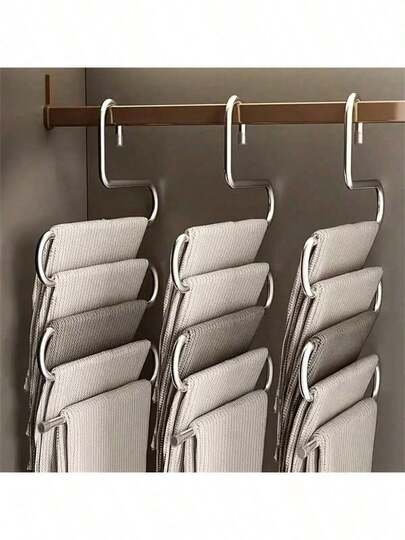 5-Tier Stainless Steel Pant Rack - S-Shaped, Non-Slip, Space-Saving Multi-Layer Jeans And Trousers Storage Organizer, Polished Surface, Wardrobe Storage Solution, Tidy Closet Organization, Closet Accessory, S-Shaped Hanger, Durable Structure, Clothes Hanger