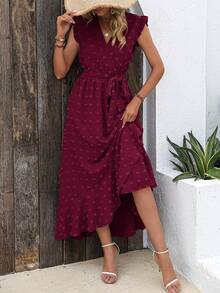 Women Summer Maxi Dress Swiss Dot V Neck Ruffle Cap Sleeve Tie Waist Wrap Ruffle Split Hem Long Dress Bohemia Boho Beach Holiday Vacation Valentine Flowy Long Midi Dress Outfits - 酒紅色 - 查看 4