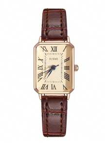 1 件青少年/学生方形罗马数字表盘皮革表带石英手表，适合生日、周年纪念、万圣节礼物、年终促销