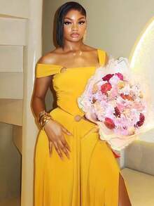 Vestido Largo de Fiesta Liso con Anillos Metálicos Pliegues Abertura Asimétrico - Amarillo - Ver 3