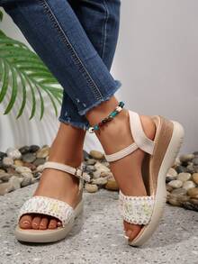 1 Paar Damen Sandalen mit dicker Sohle, modisch neue vielseitige Lässig Beach Römersandalen, Große Größen, Einfarbig, Strand, Zuhause - Beige - Übersicht 4