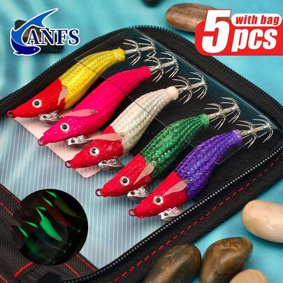 5个装夜光鱿鱼拟饵，带收纳袋，人造章鱼饵，适用于各种节日——万圣节、圣诞节、新年、父亲节