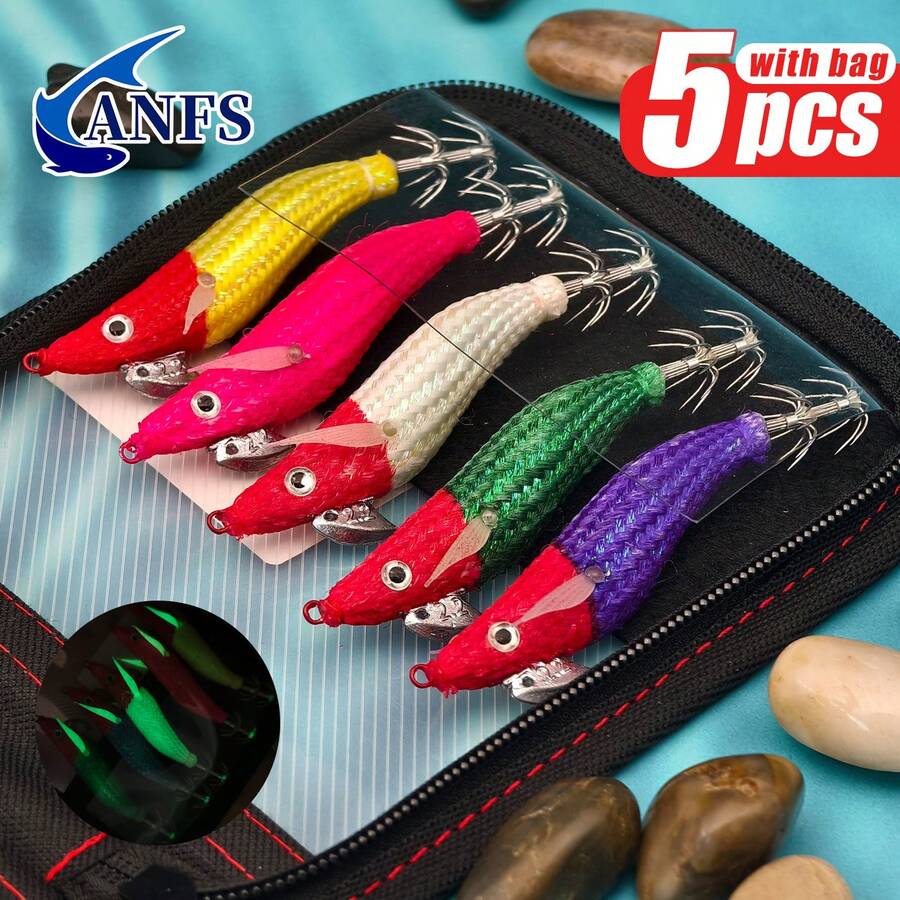 5 piezas de señuelos de calamar luminosos con bolsa de almacenamiento, cebo de pulpo artificial para todas las festividades - Halloween, Navidad, Año Nuevo, Día del Padre