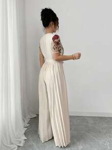 女士优雅花卉刺绣褶裥拼接度假连衣裙，夏季 - 彩色 - 查看 3