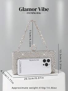 Women's Rhinestone Decorated Clutch Bag, Shiny Box-Shaped Handbag With Gemstone Metal Chain, Perfect For Weddings, Parties, Galas, Dinners, Birthday Gifts, Valentine's Day Gifts, Gatherings, Can Be Used As A Shoulder Bag, Handbag, Clutch, Or Cosmetic Bag - Silver - View 6