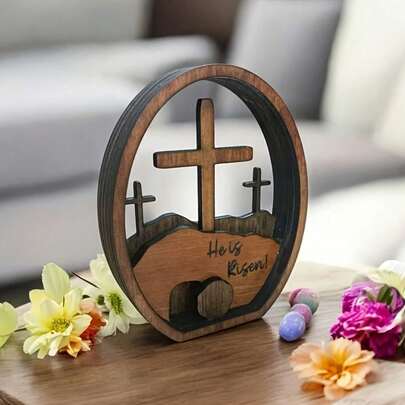 1 Piece Empty Tomb Easter Scene And Cross 3D Decoration, Wooden Easter Resurrection Scene Cross Jesus Tomb Tray, Jesus Nativity Scene Decoration Suitable For Religious Home Office Desktop.