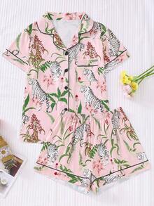 Floral & Tiger Printed Women's Pajama Set, Comfortable Short Sleeve Button-Down Shirt And Loose Elastic Shorts, Casual All-Season Outdoor/Indoor Women's Sleepwear And Lounge Wear - Pink - View 1