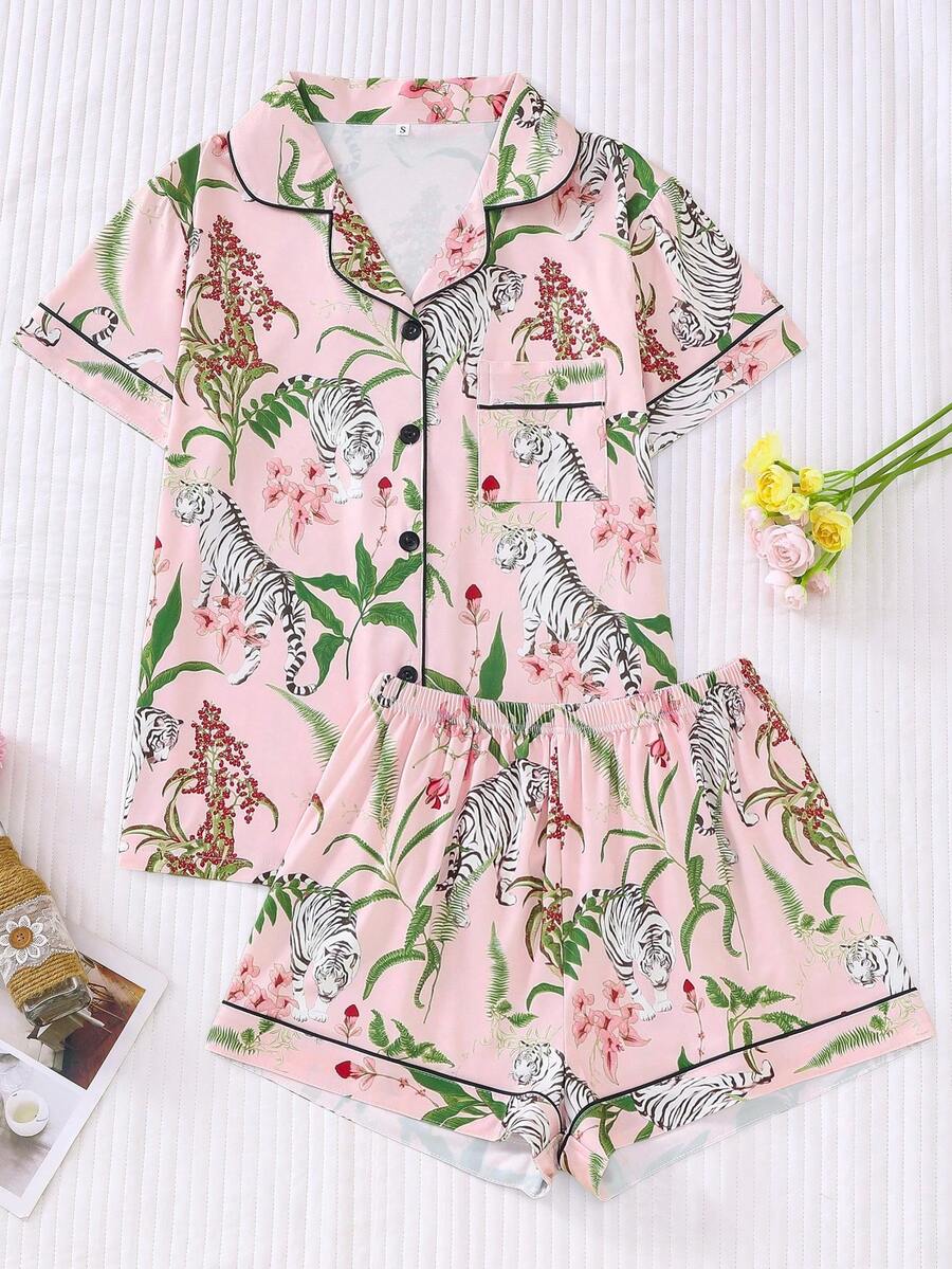 Floral & Tiger Printed Women's Pajama Set, Comfortable Short Sleeve Button-Down Shirt And Loose Elastic Shorts, Casual All-Season Outdoor/Indoor Women's Sleepwear And Lounge Wear - Pink - View 1