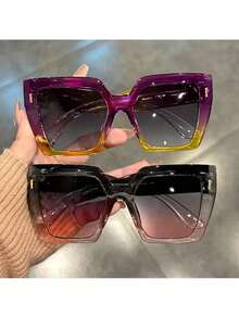 Large Square Fashion Glasses Unisex - Gradient Green Yellow Lenses, Lightweight Design Suitable Summer Parties And Events,  Casual Glasses, Simple Fashion Style BSWN - 紫色的 - 查看 10