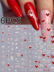 6片/套 情人节红色爱心黑色线美甲贴纸 5D 立体贴纸 DIY 指甲油美甲贴纸