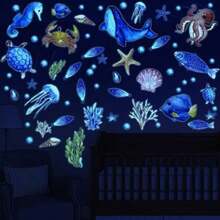 97 piezas Brillan en la oscuridad Mar pared Calcomanía Pegatinas Oceano pared Calcomanías Impermeable Retirable Brillante Pegatina por Niños Cuarto Decoración ()(Azul) - Multicolor - Ver 4