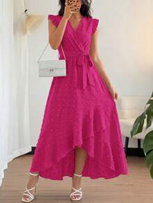 Women Summer Maxi Dress Swiss Dot V Neck Ruffle Cap Sleeve Tie Waist Wrap Ruffle Split Hem Long Dress Bohemia Boho Beach Holiday Vacation Valentine Flowy Long Midi Dress Outfits - 玫紅色 - 查看 1