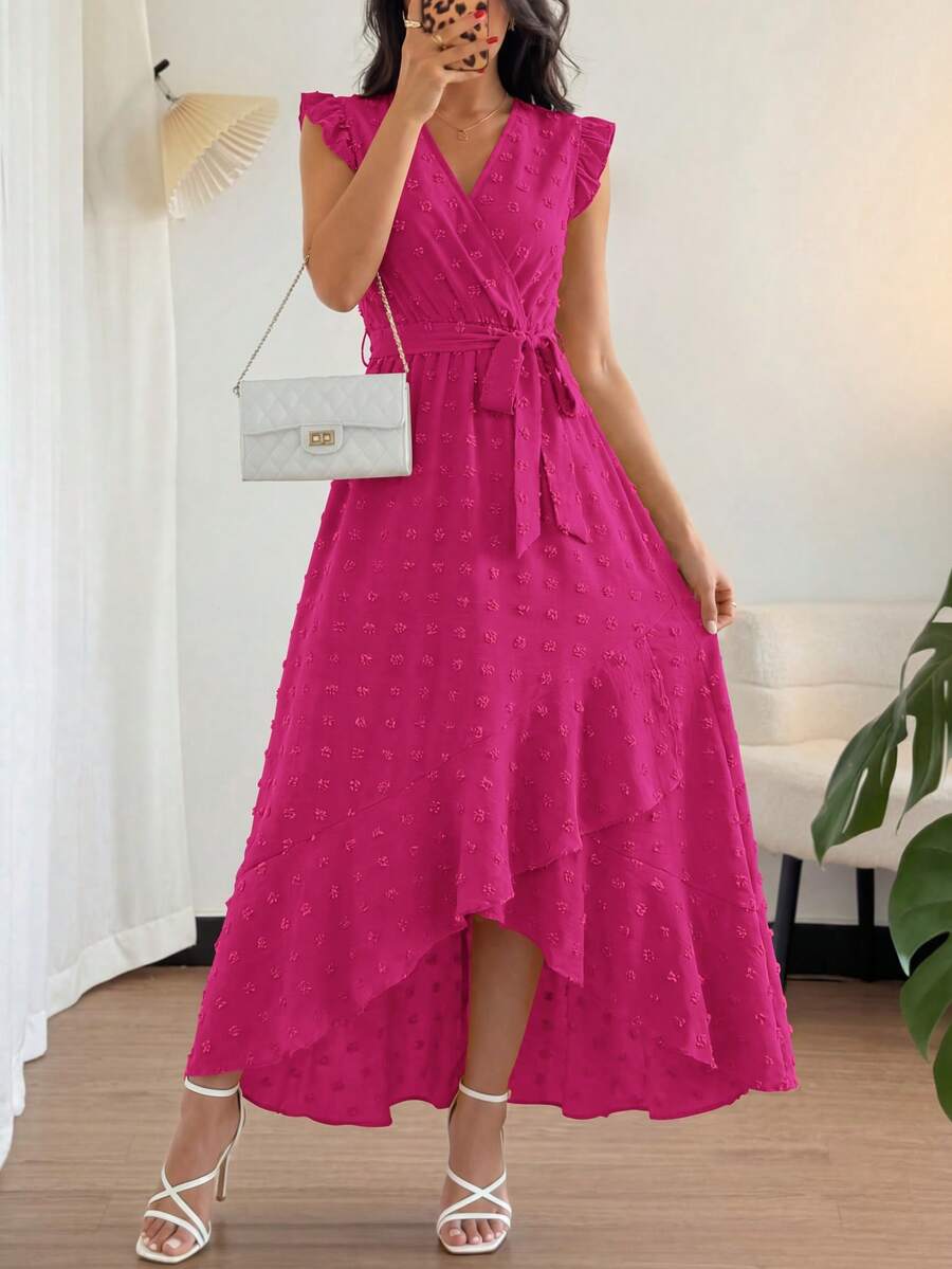 Women Summer Maxi Dress Swiss Dot V Neck Ruffle Cap Sleeve Tie Waist Wrap Ruffle Split Hem Long Dress Bohemia Boho Beach Holiday Vacation Valentine Flowy Long Midi Dress Outfits - 玫紅色 - 查看 1