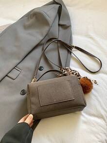 Women's Square Handbag, Fashion Minimalist Elegant Shoulder/Crossbody Bag With Pom Pom Scarf Charm, Suitable For Shopping, Commuting, Dating - Coffee - View 8