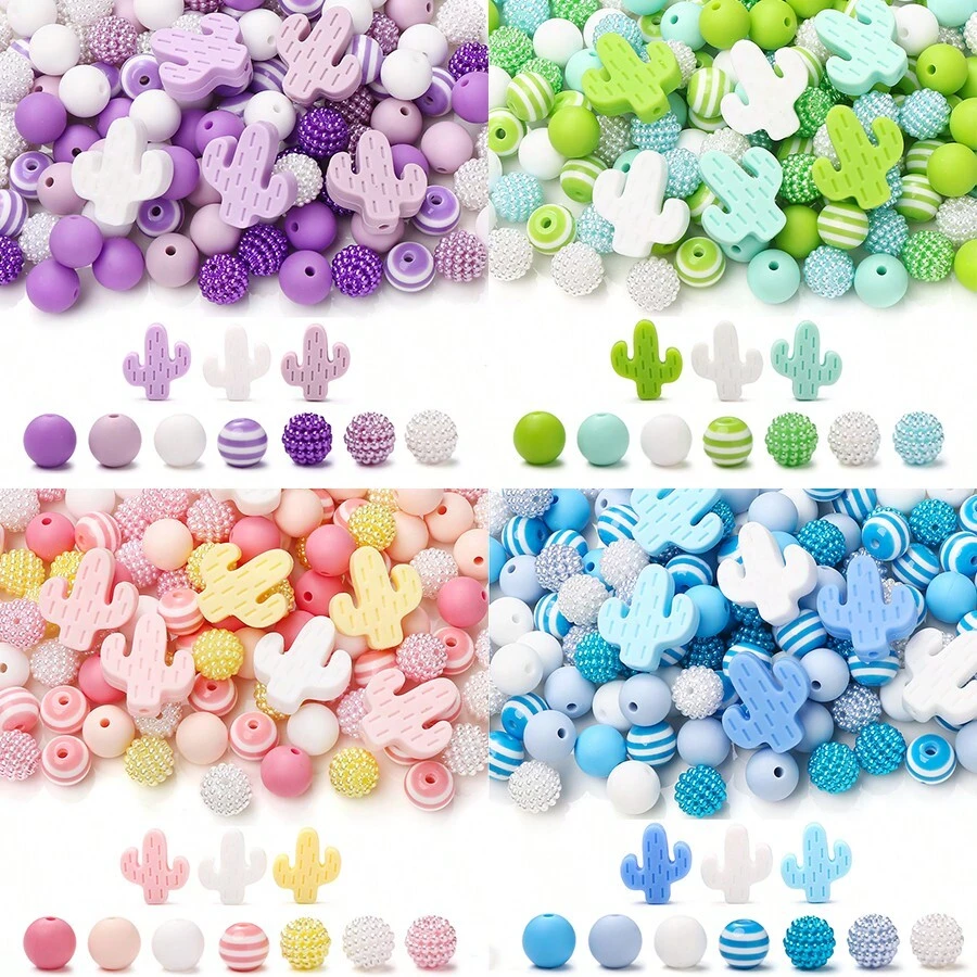 1 Set Cactus Silicone & Acrylic Bead Kit, Colorful Gradient With Acrylic Mulberry Balls, DIY Jewelry Accessories Handmade Hair Scrunchie Decoration Beads