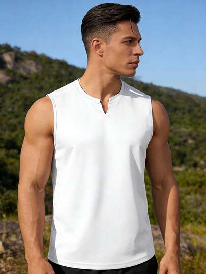 男士纯色无袖运动背心，速干V领马甲，透气健身训练服