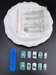 10片手工薄荷绿短梯形美甲贴纸，香氛法式美甲，按压式美甲贴纸，适合新年、情人节、UV灯美甲、夏季、日常佩戴，优雅设计，高端法式风格，凝胶指甲油，闪亮，猫眼效果，金属光泽按压式美甲贴纸 - 薄荷綠 - 查看 8