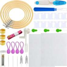 Yauhar 61Pcs Embroidery Kit For Beginners With Needle, Cross Stitch Hoops, 14 Count Aida Cloth, Floss Bobbins, Thread Winder, Thimble, Seam Ripper, Fabric Clips For Craft Embroidery Needlework - White - View 1
