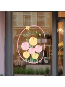 1pc Fresh And Romantic Floral-Style Electrostatic Adhesive Window Sticker Features Good Luck Pink Tulip Bouquet. Suitable For Spring Decorations, Mother's Day, Living Room Decorations, Bedroom Bay Windows, Cafe Decorations, Shop Window Decorations, And Balcony Glass Door Decorations. Leaves No Residue, Is Easy To Remove, And Is Also Suitable For Easter And Party Decorations. A Great Choice For Girls' Rooms And As A Gift. - Multicolor - View 2
