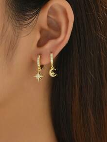 Cubic Zirconia Star & Moon Mismatched Drop Earrings - Yellow Gold - View 4