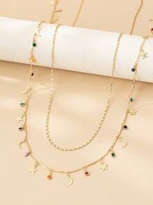 2条装多功能星形流苏腰带，金色双层叠层设计，简约风格，彩色星月图案女士腰链，适合日常佩戴、度假、聚会、派对、节日、春夏新品、返校季，独特欧美风，精致礼物，性感派对配饰 - 星月 - 查看 3