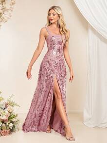 夏季女士无袖亮片高开衩性感粉色派对礼服，优雅晚礼服，正式舞会礼服，婚礼宾客礼服，毕业典礼，正式晚宴及其他场合派对春季礼服 - 藕粉色 - 查看 10