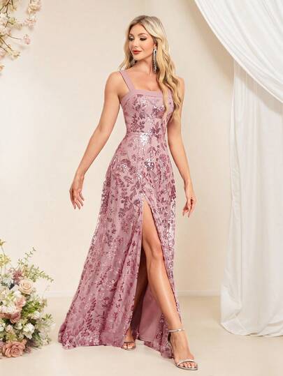 Women's Sleeveless Embroidered Floral Sequin High Slit Leg Party Dress, Elegant For Prom, Wedding Guest, Graduation Ceremony, Formal Dinner