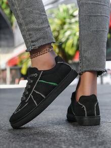 Women's Spring/Autumn New Casual Trainers, Easy To Clean Round Toe Low-Top Sneakers, Flat Comfortable Versatile White Shoes, Color Block Sports Casual Shoes, Retro Style Vulcanized Shoes, Fashionable All Season - Black - View 2