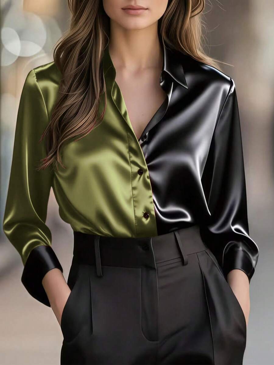 1 chiếc áo sơ mi dài tay nữ bằng vải satin, cài cúc phía trước, phối màu, thanh lịch, thích hợp cho công sở, du lịch, mặc hàng ngày, hẹn hò, mọi mùa. - xanh quân đội - Xem 1