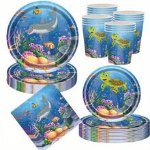 68件套海底世界主题生日派对餐具套装，包括餐盘、餐巾纸和杯子。这款海洋动物主题派对餐具套装适用于各种主题生日派对、活动和派对用品，也适用于圣诞节、新年和情人节等节日和派对场合。 - 彩色 - 查看 4