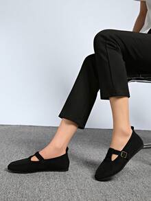 Zapatos tipo Mary Jane estilo japonés para mujer, mocasines planos de punta cuadrada y fácil de poner, versátiles para primavera y otoño - Negro - Ver 2