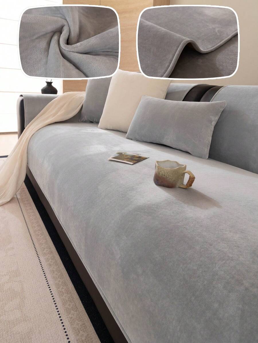 1pc Veet Washable Non-Slip L-Shaped Sofa Cover, Fits 3-Seater Sofa, Quilted Design, Magnetic Closure, Pet-Friendly Protection - Gray Velvet Sofa Cover - Xám - Xem 1