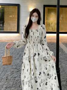 Vestido largo bordado floral para mujer, manga larga, cuello cuadrado, vestido bohemio con bolsillos, vestido de otoño fruncido - Blanco Negro - Ver 3