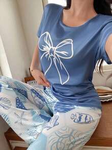 蓝色蝴蝶结印花短袖长裤女士睡衣套装 - 藍色 - 查看 1