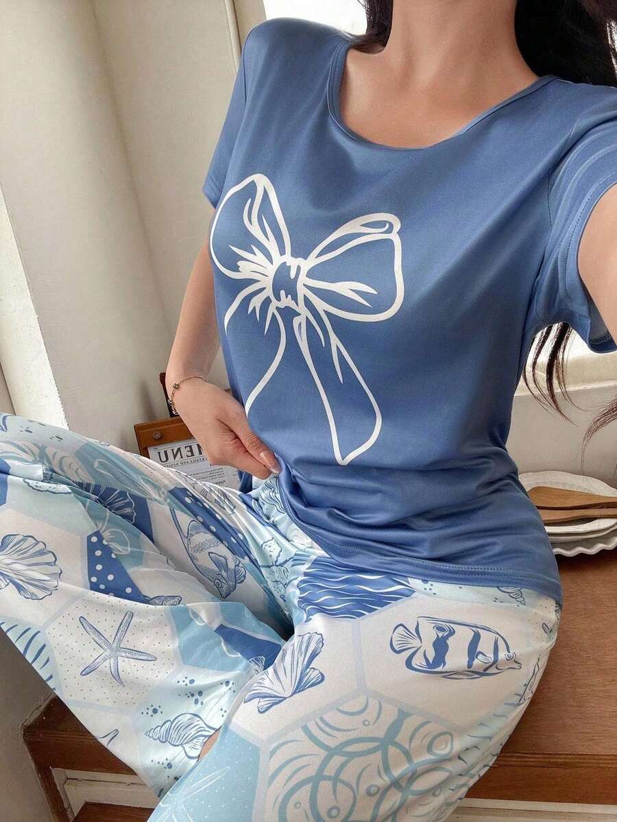 蓝色蝴蝶结印花短袖长裤女士睡衣套装 - 藍色 - 查看 1