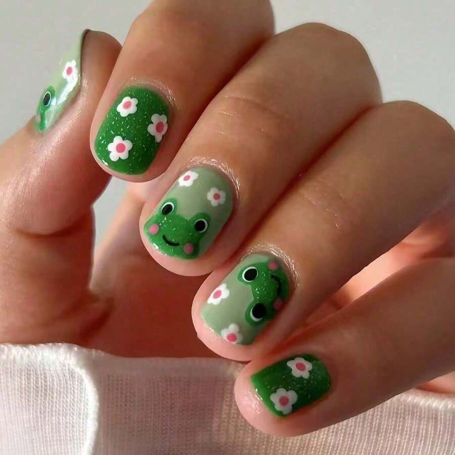 PrettyCute Flower Frog Green Fashionable Fresh False Nails 24 Pieces Nail Art Set - 2XB1-13244 - Xem 1