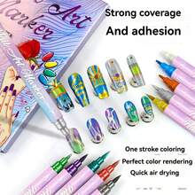 双头金属美甲涂鸦马克笔套装，速干，适用于抽象线条、花卉图案、鲜艳色彩 - DIY美甲工具绘图丙烯颜料笔防水美甲 - 10色 - 彩色 - 查看 5