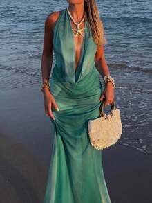 Women's Elegant Tie-Dye Fish Tail Draped Neck Dress, Suitable For Beach Vacation, Spring/Summer - Multicolor - View 2