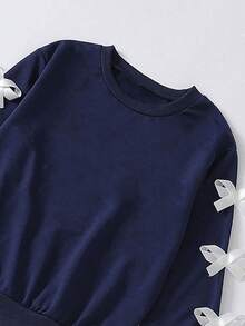 2 件套女童休闲运动衫和喇叭裤套装，蝴蝶结装饰长袖圆领上衣，优雅舒适，适合春秋季 - 藏蓝色 - 查看 8