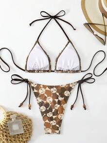 Bộ bikini hai mảnh buộc dây cổ in hình hoạt hình gợi cảm dành cho nữ, thích hợp cho mùa hè đi biển. - Nhiều màu - Xem 2